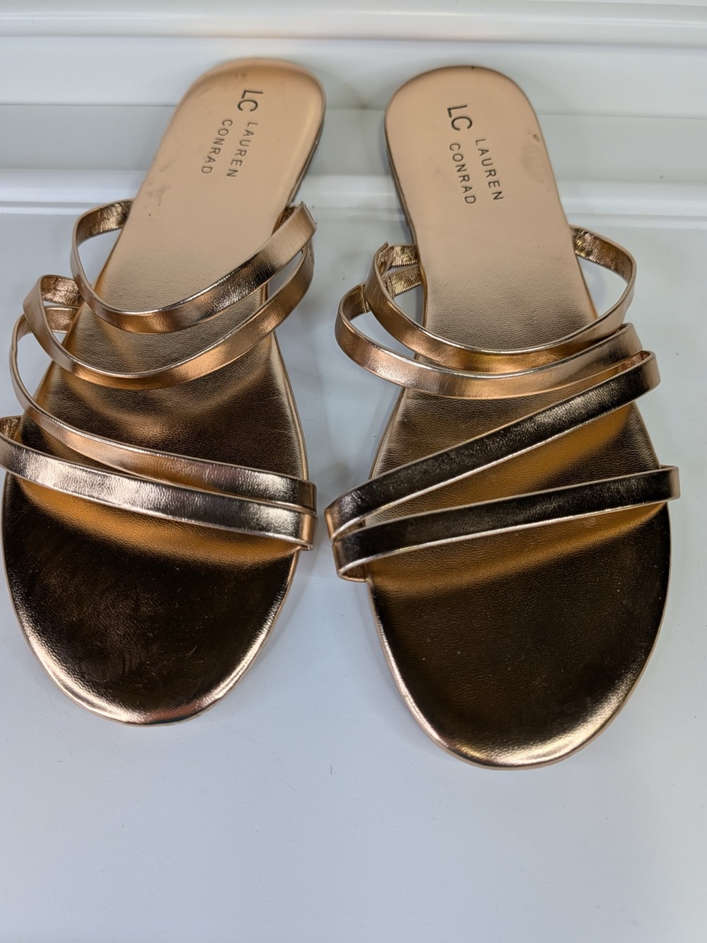 LC Lauren Conrad Metallic Rose Gold Multi-Strap Slide Sandals